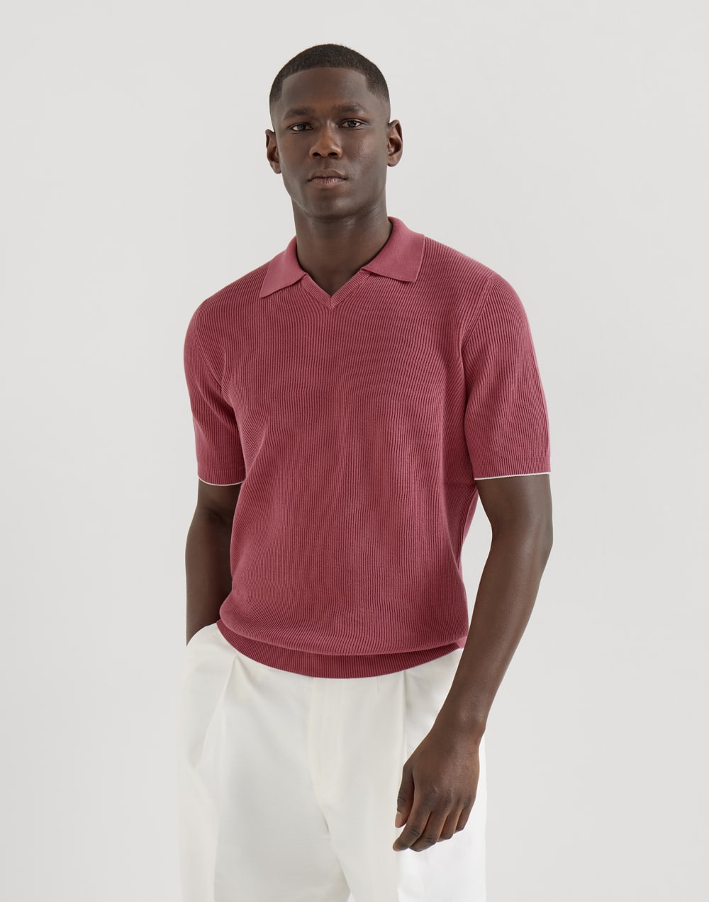 Cotton English rib knit polo Coral Man - Brunello Cucinelli