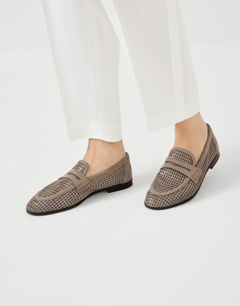 Sparkling net loafers in leather Light Brown Woman - Brunello Cucinelli
