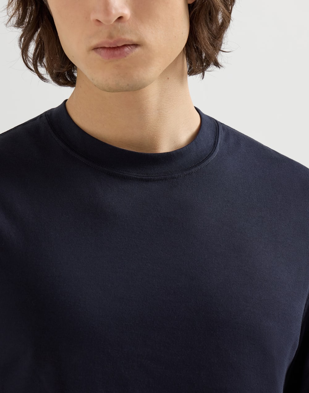 Camiseta cuello redondo en punto de algodón Azul Aviación Hombre - Brunello Cucinelli