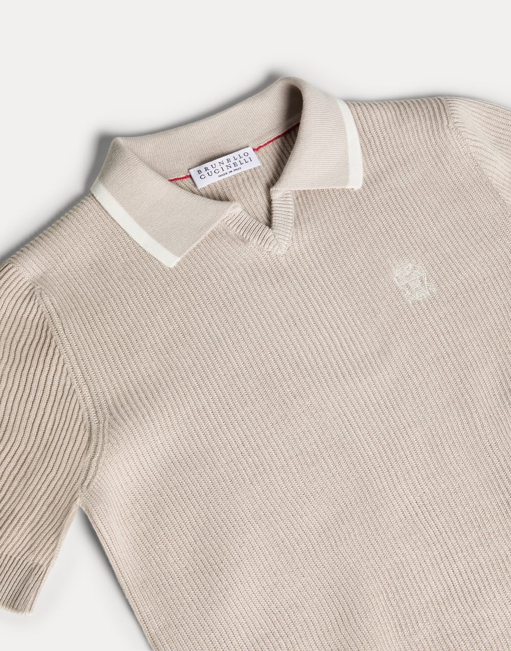 English rib knit polo shirt with logo Beige Boys - Brunello Cucinelli