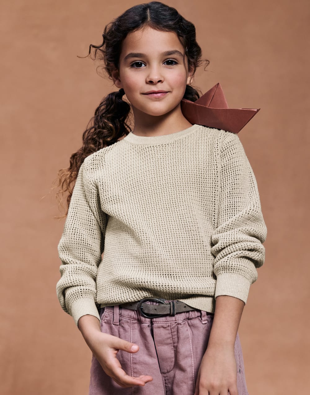 Sparkling cotton ribbed net sweater Oat Girls - Brunello Cucinelli