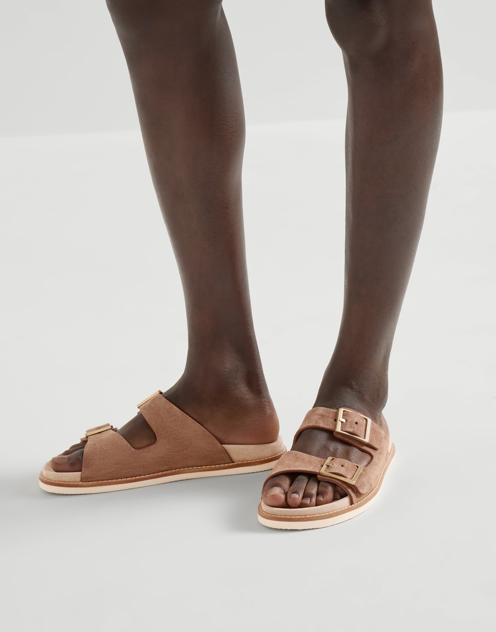 Suede slides with buckles Hazelnut Man - Brunello Cucinelli