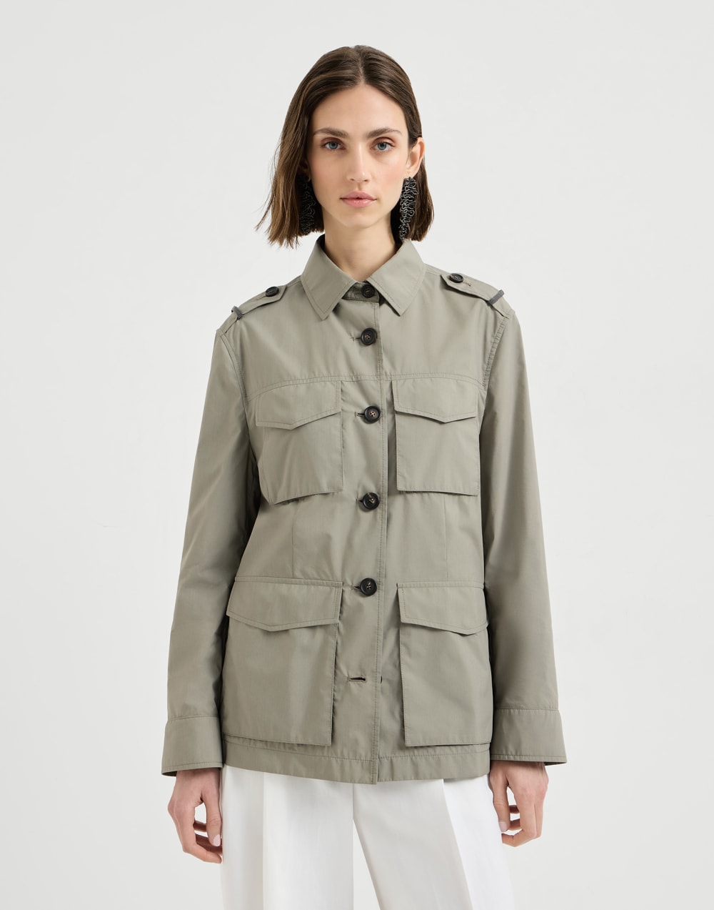 Outerwear with monili Khaki Woman - Brunello Cucinelli