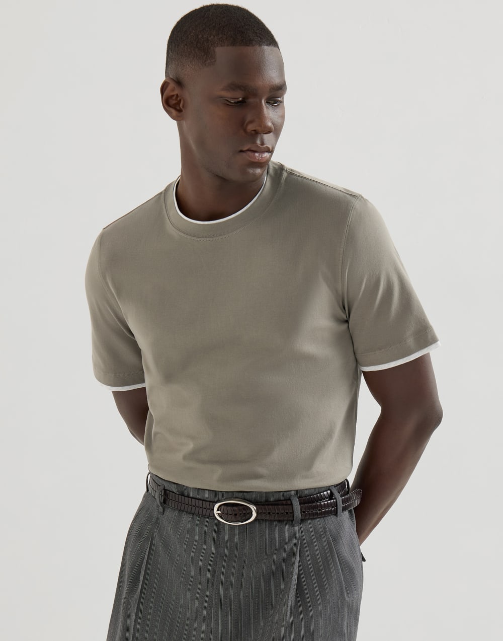 T-shirt with faux-layering Khaki Man - Brunello Cucinelli
