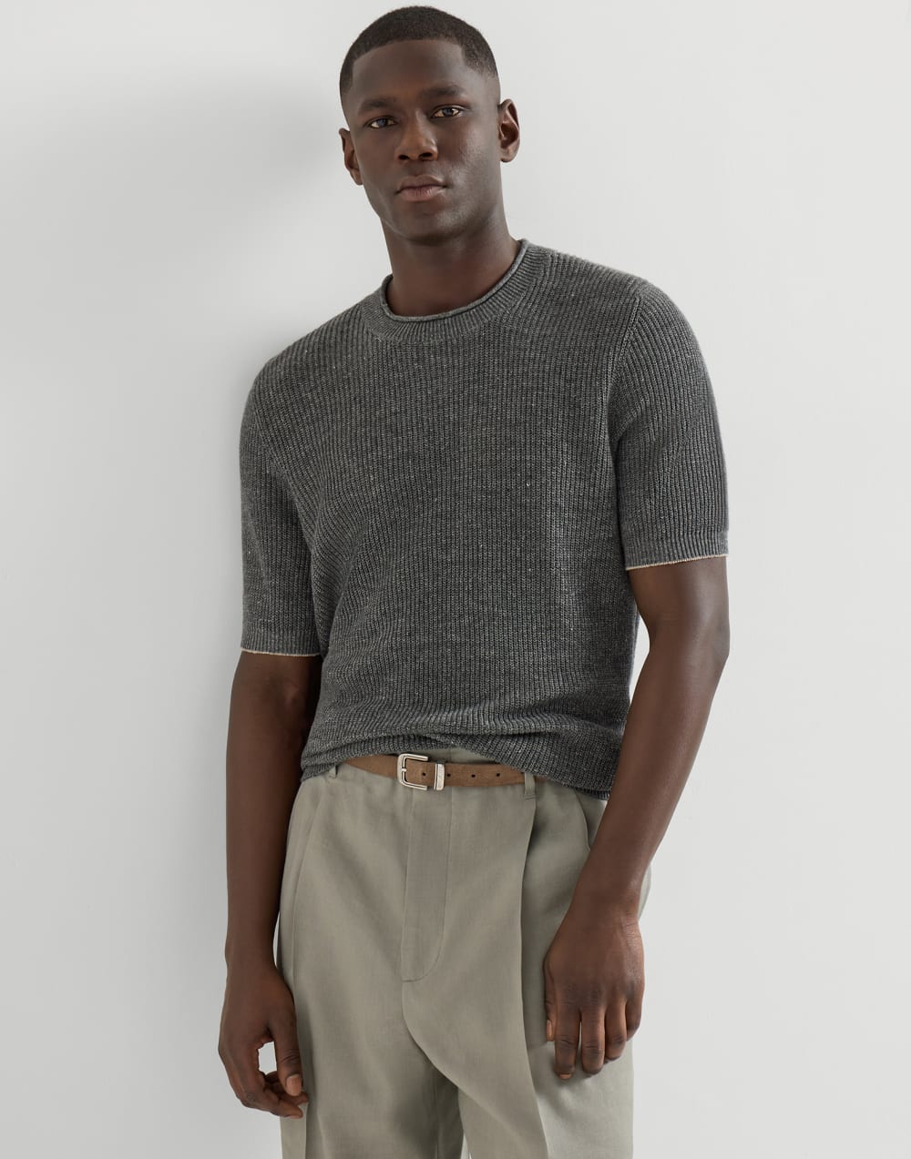 T-Shirt aus Leinen und Baumwolle Dunkelgrau Herren - Brunello Cucinelli