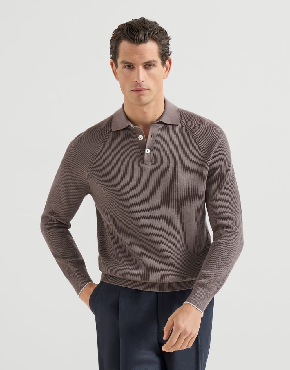 Rib knit polo Hazelnut Man - Brunello Cucinelli