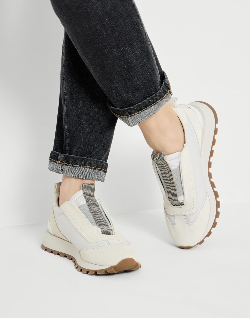 Sneakers aus Veloursleder und Techno-Stoff Weiß Damen - Brunello Cucinelli