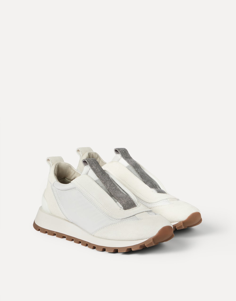 Sneakers aus Veloursleder und Techno-Stoff Weiß Damen - Brunello Cucinelli