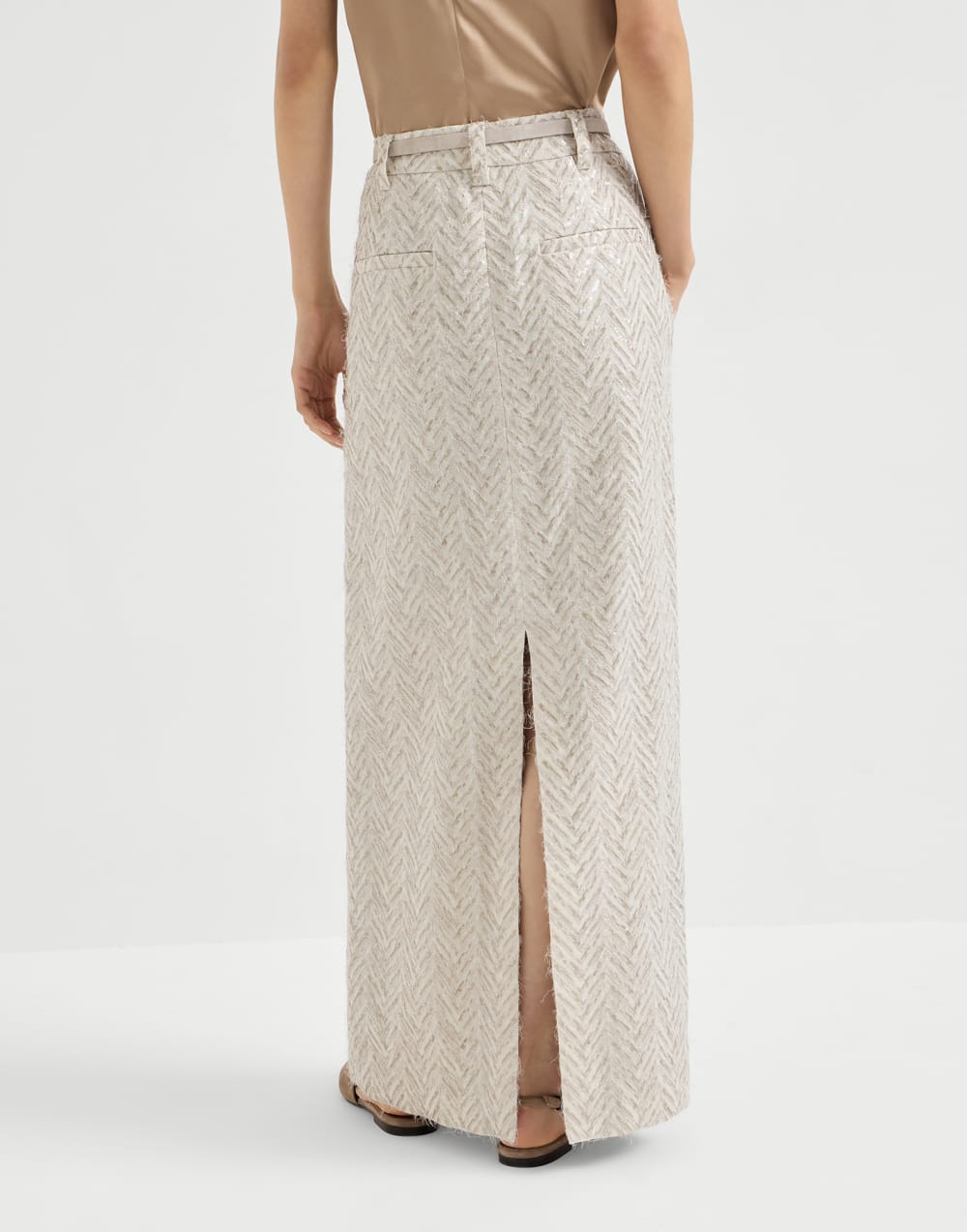 Dazzling chevron embroidery skirt Beige Woman - Brunello Cucinelli