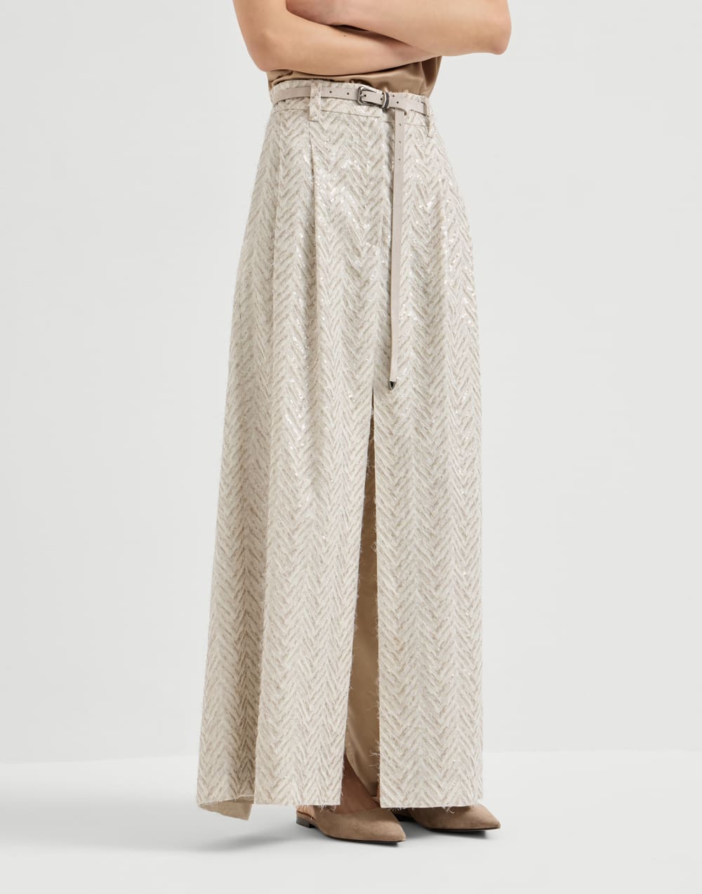 Dazzling chevron embroidery skirt Beige Woman - Brunello Cucinelli