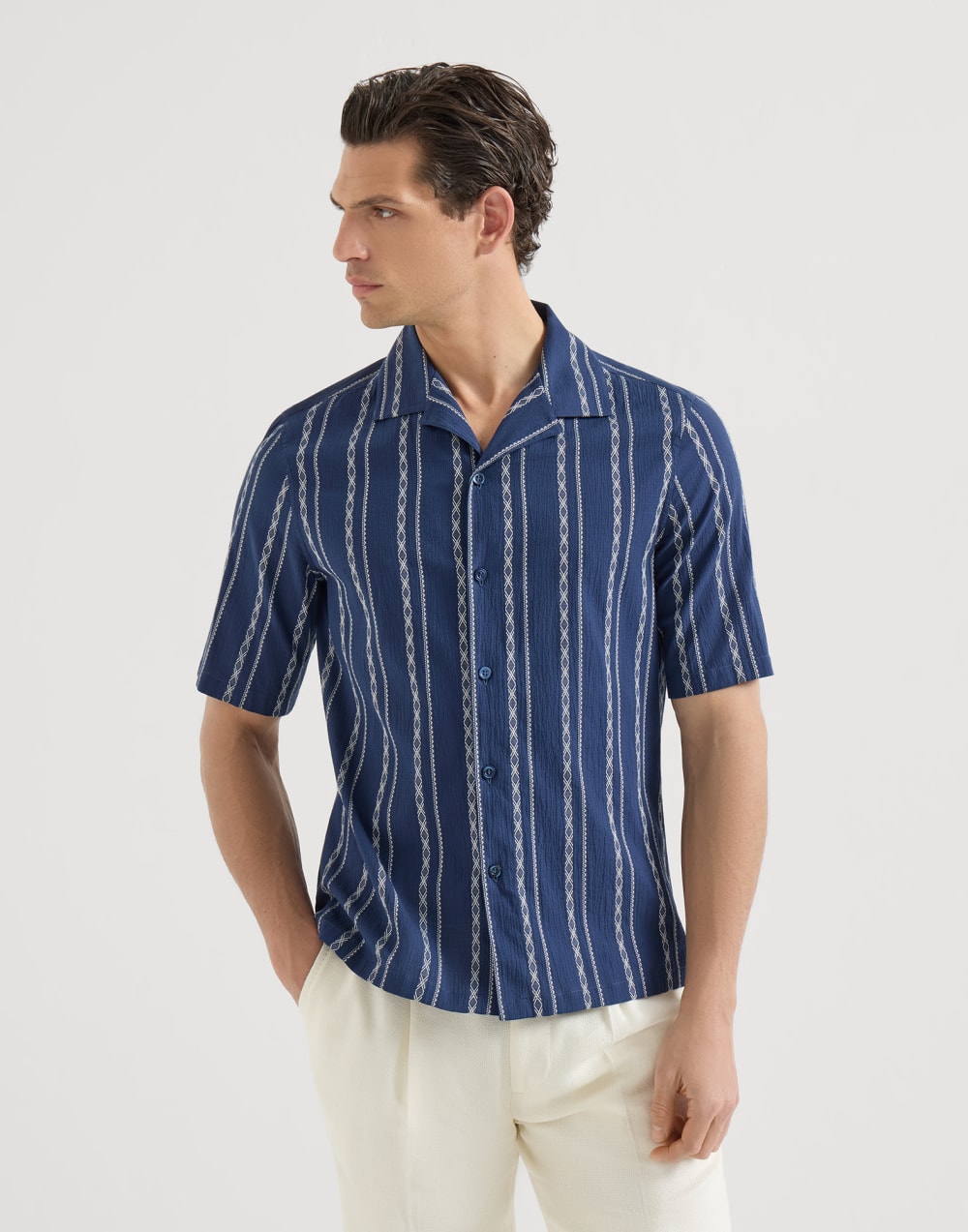 Seersucker short sleeve shirt Navy Blue Man - Brunello Cucinelli