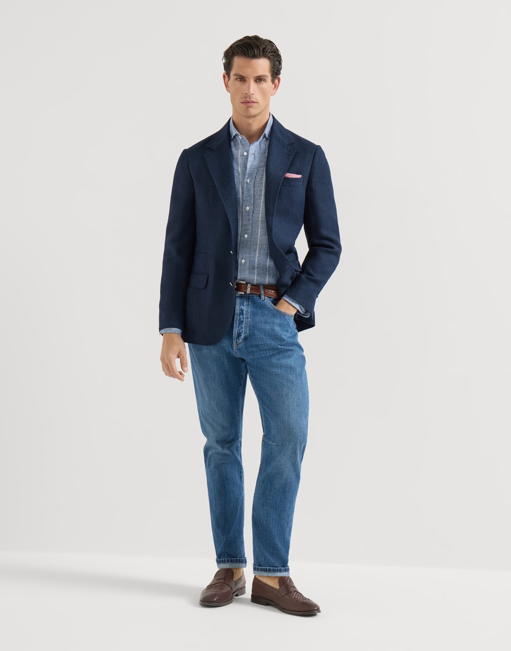 Camisa de sarga a rayas Denim Hombre - Brunello Cucinelli
