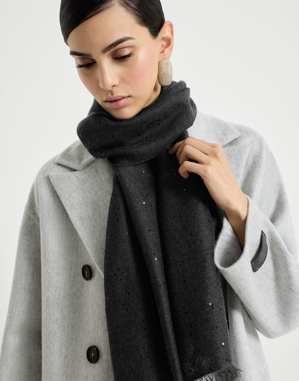 Cashmere and silk Diamond yarn scarf Anthracite Woman - Brunello Cucinelli