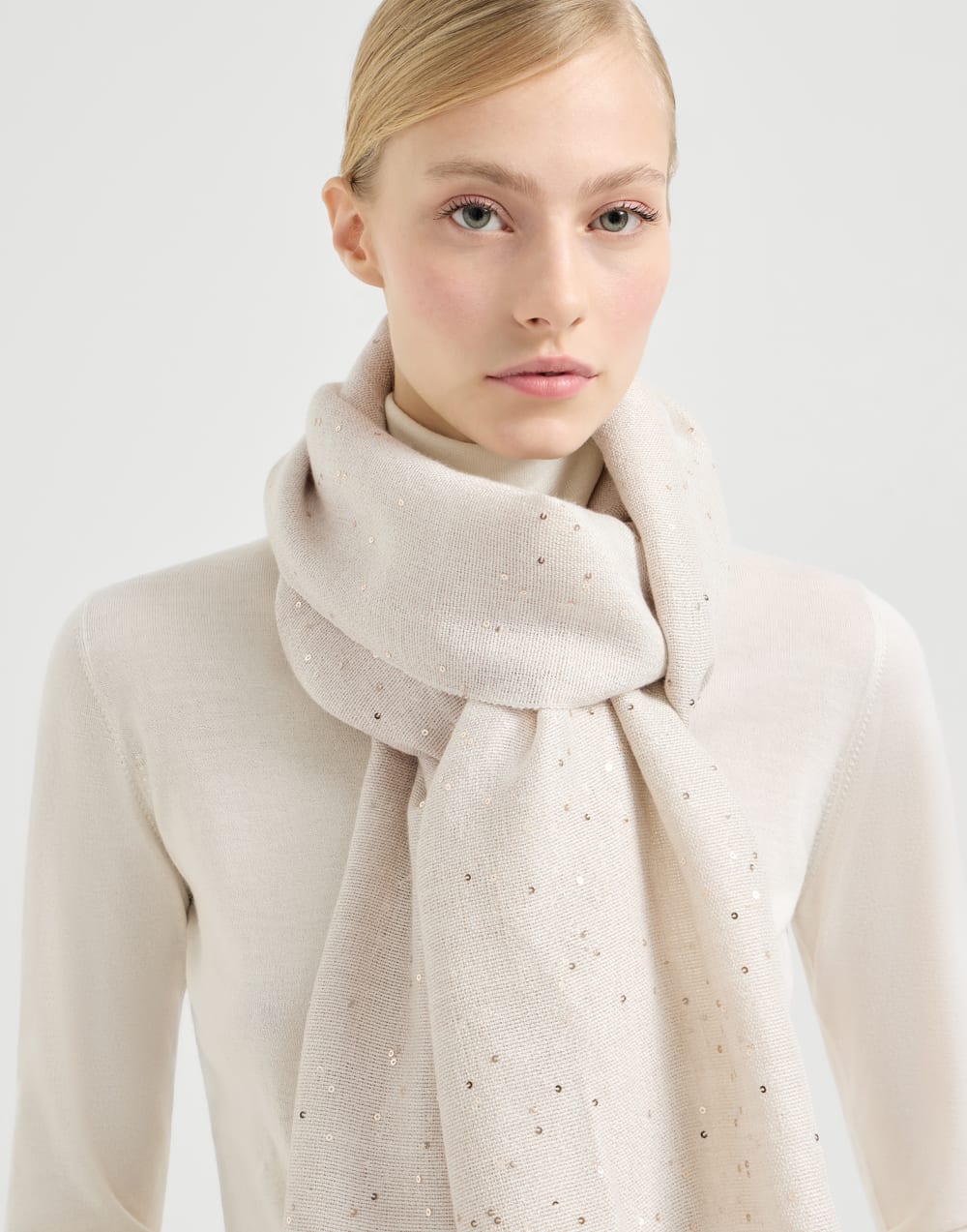 Cashmere and silk Diamond yarn scarf Oat Woman - Brunello Cucinelli