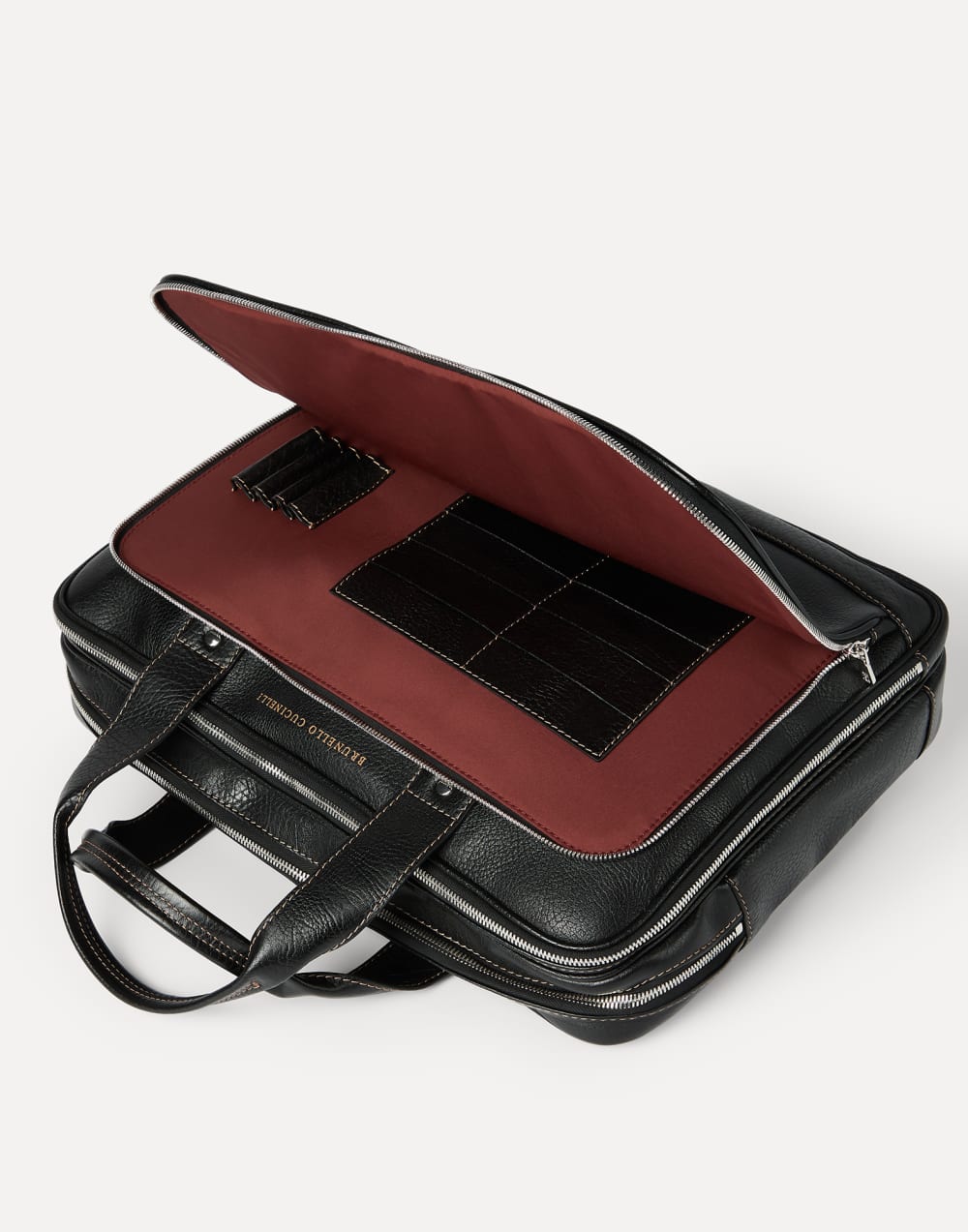 Cartable en cuir de veau grainé avec zip Noir Homme - Brunello Cucinelli