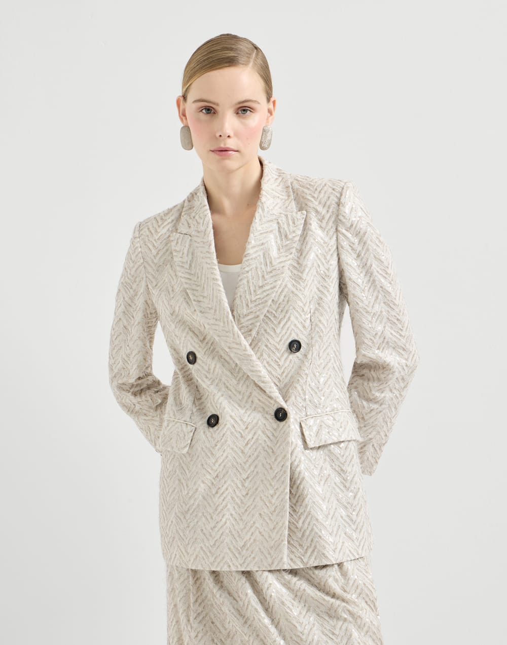 Dazzling chevron embroidery blazer Beige Woman - Brunello Cucinelli