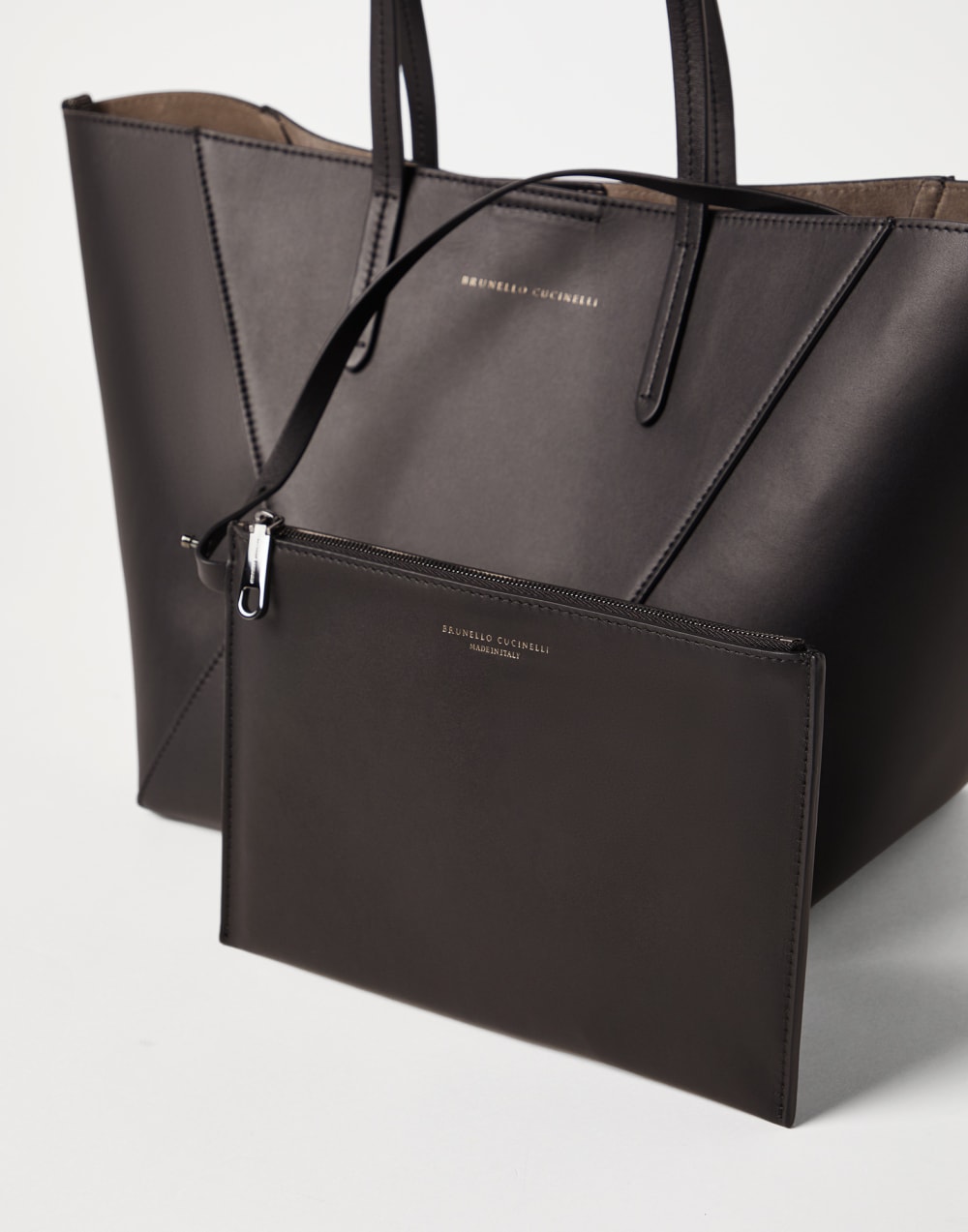 Sac BC Duo petit modèle en cuir de veau Marron Foncé Femme - Brunello Cucinelli