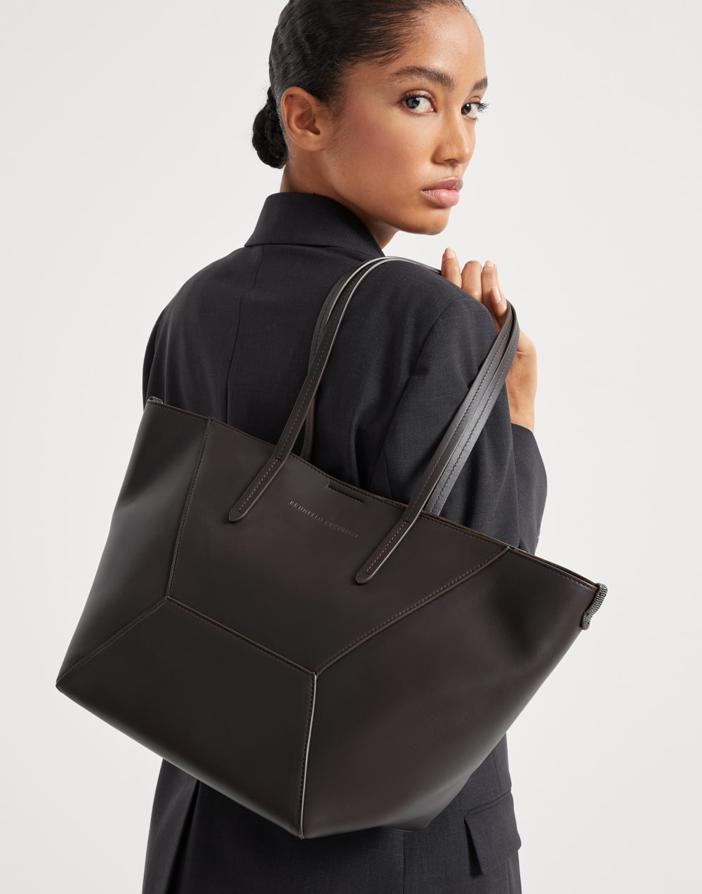 Sac BC Duo petit modèle en cuir de veau Marron Foncé Femme - Brunello Cucinelli