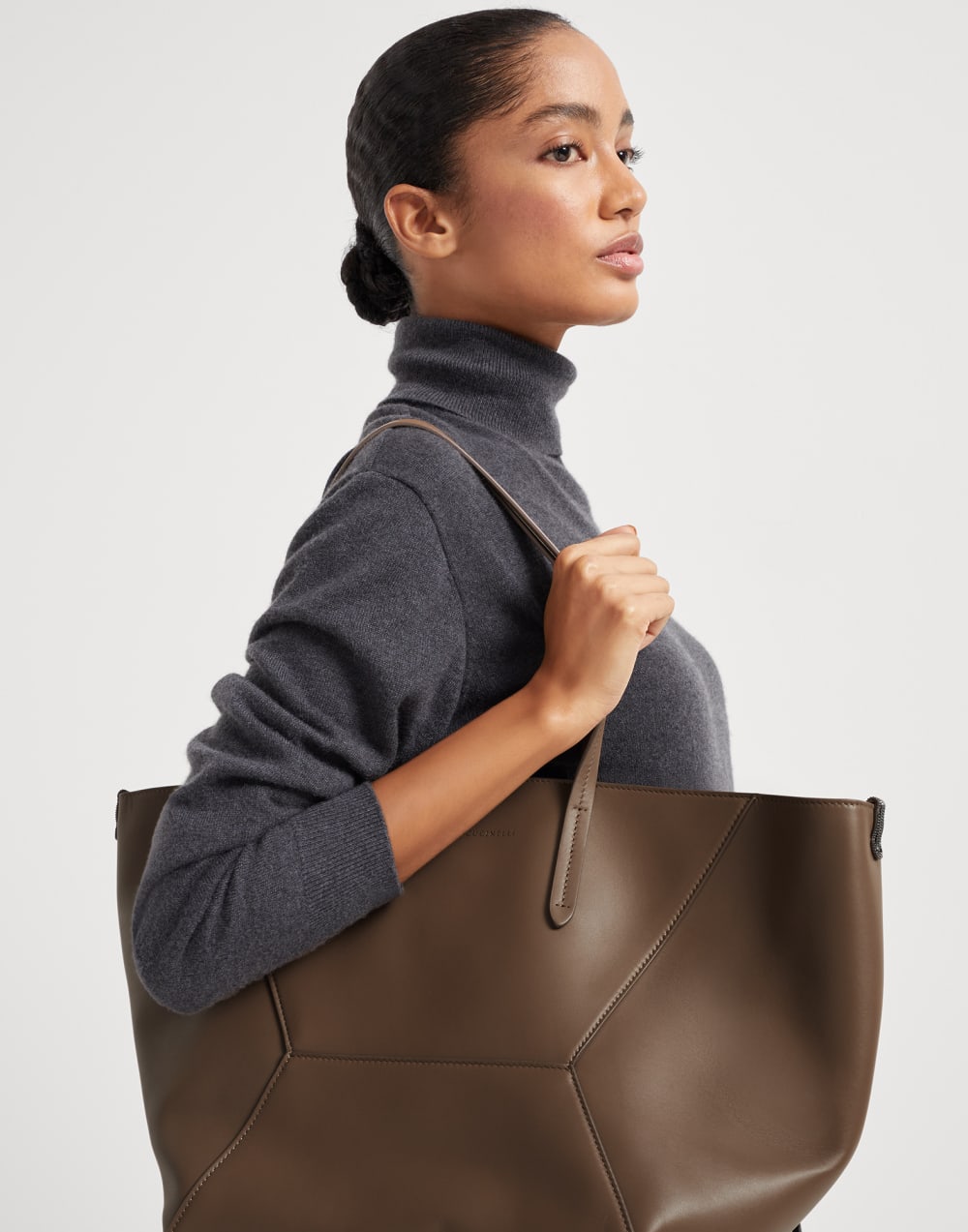 Sac BC Duo en cuir de veau Brun Gianduia Femme - Brunello Cucinelli