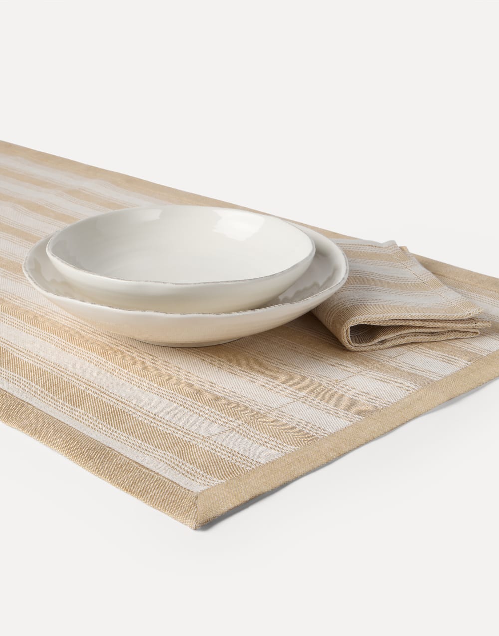Striped linen runner and 2 napkins set Camel Lifestyle - Brunello Cucinelli