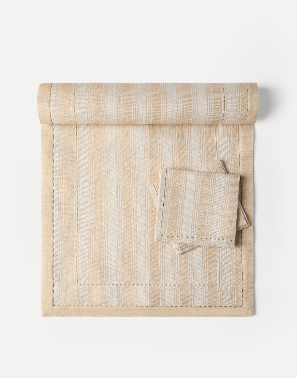 Striped linen runner and 2 napkins set Camel Lifestyle - Brunello Cucinelli