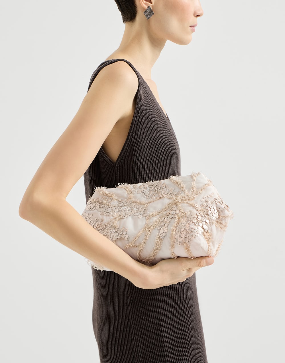 Pouch bag with dazzling seabed embroidery Beige Woman - Brunello Cucinelli