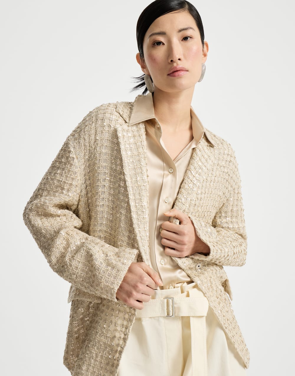 Blazer with dazzling net embroidery Cream Woman - Brunello Cucinelli