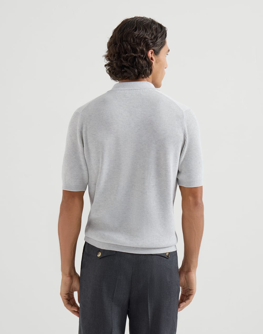 Cotton English rib knit polo Fog Man - Brunello Cucinelli