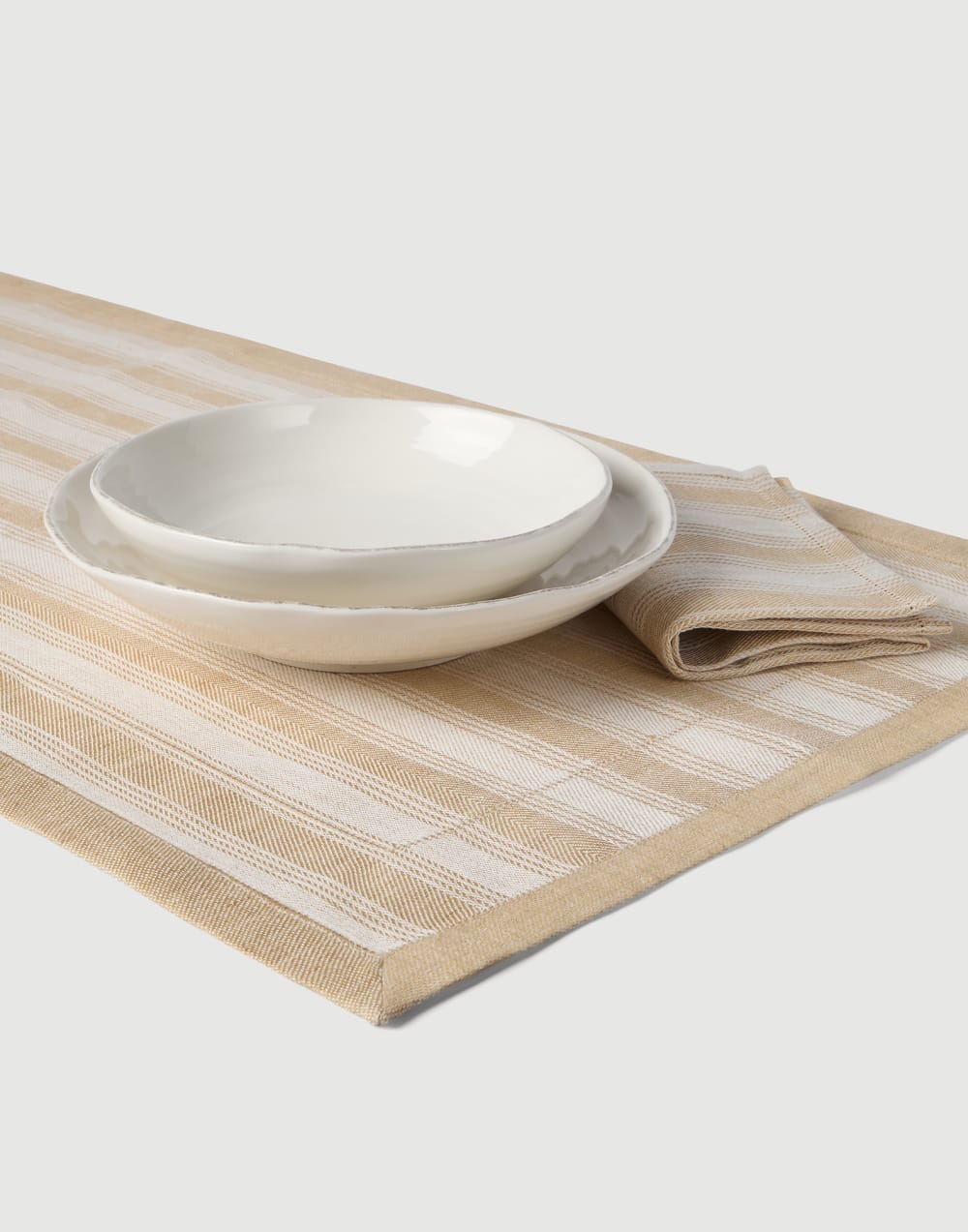 Striped linen runner and 2 napkins set Camel Lifestyle - Brunello Cucinelli