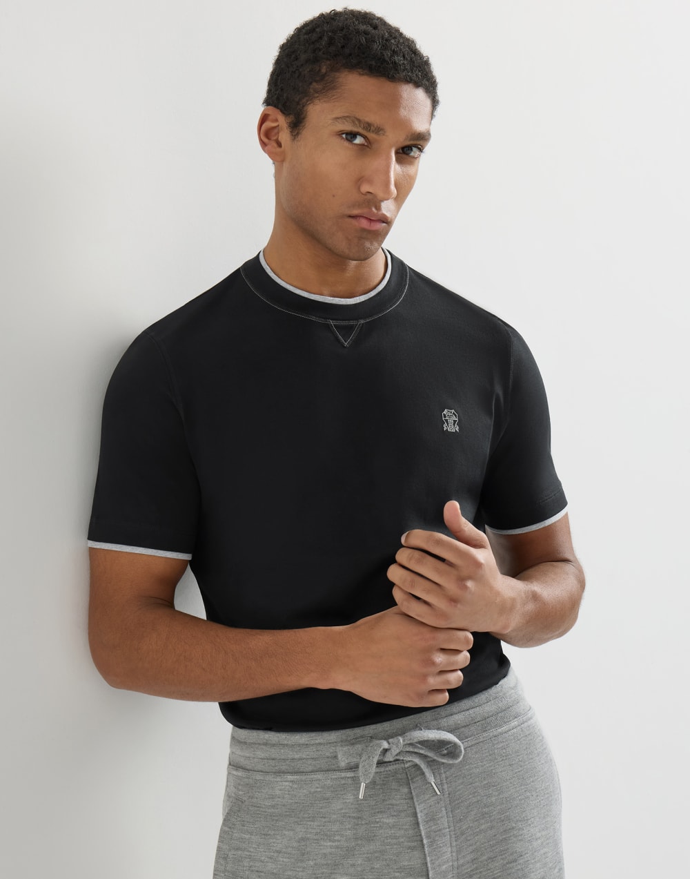 T-shirt with faux-layering Black Man - Brunello Cucinelli