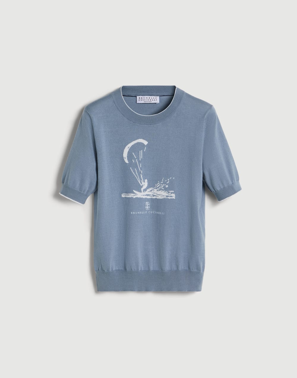 Knit T-shirt with 'water' intarsia Azure Boys - Brunello Cucinelli