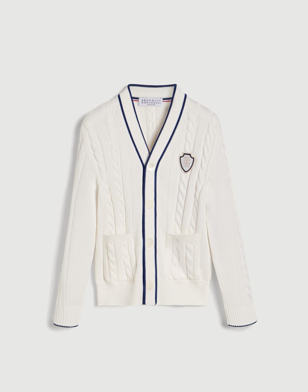 Cotton cable knit cardigan with logo White Boys - Brunello Cucinelli