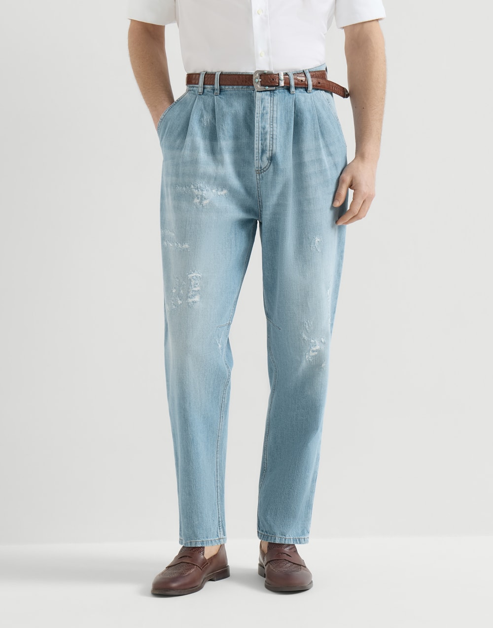 Denim trousers with rips Light Blue Denim Man - Brunello Cucinelli