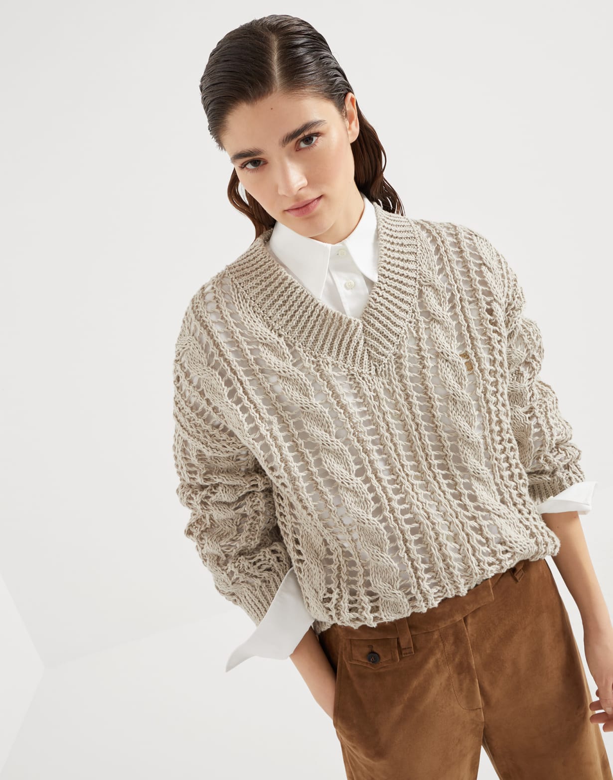 Cable & Mesh sweater Light Grey Woman - Brunello Cucinelli