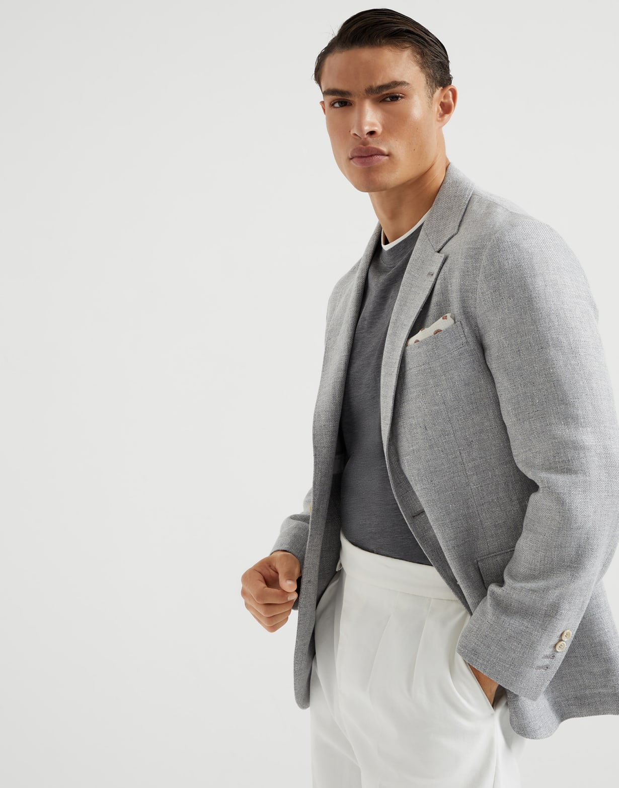 斜棱纹面料解构夹克 灰色 男款 - Brunello Cucinelli