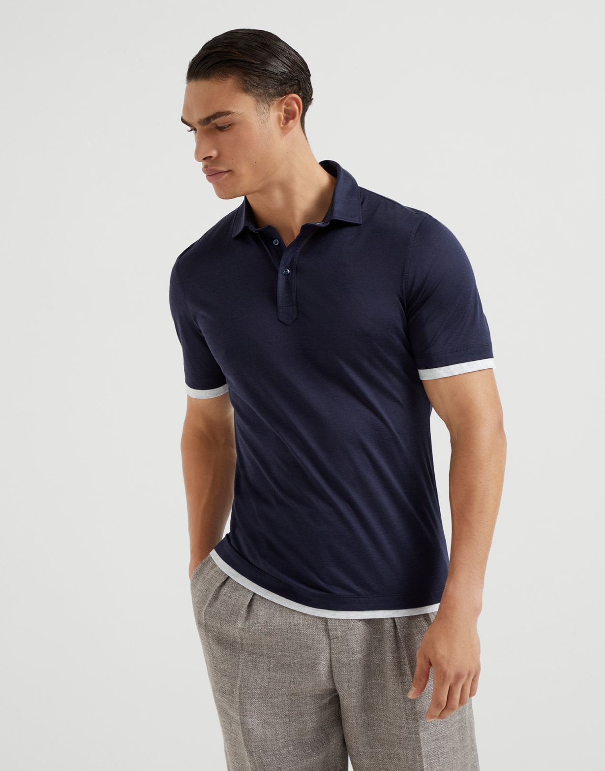 Polo with Faux-Layering Blue Man - Brunello Cucinelli