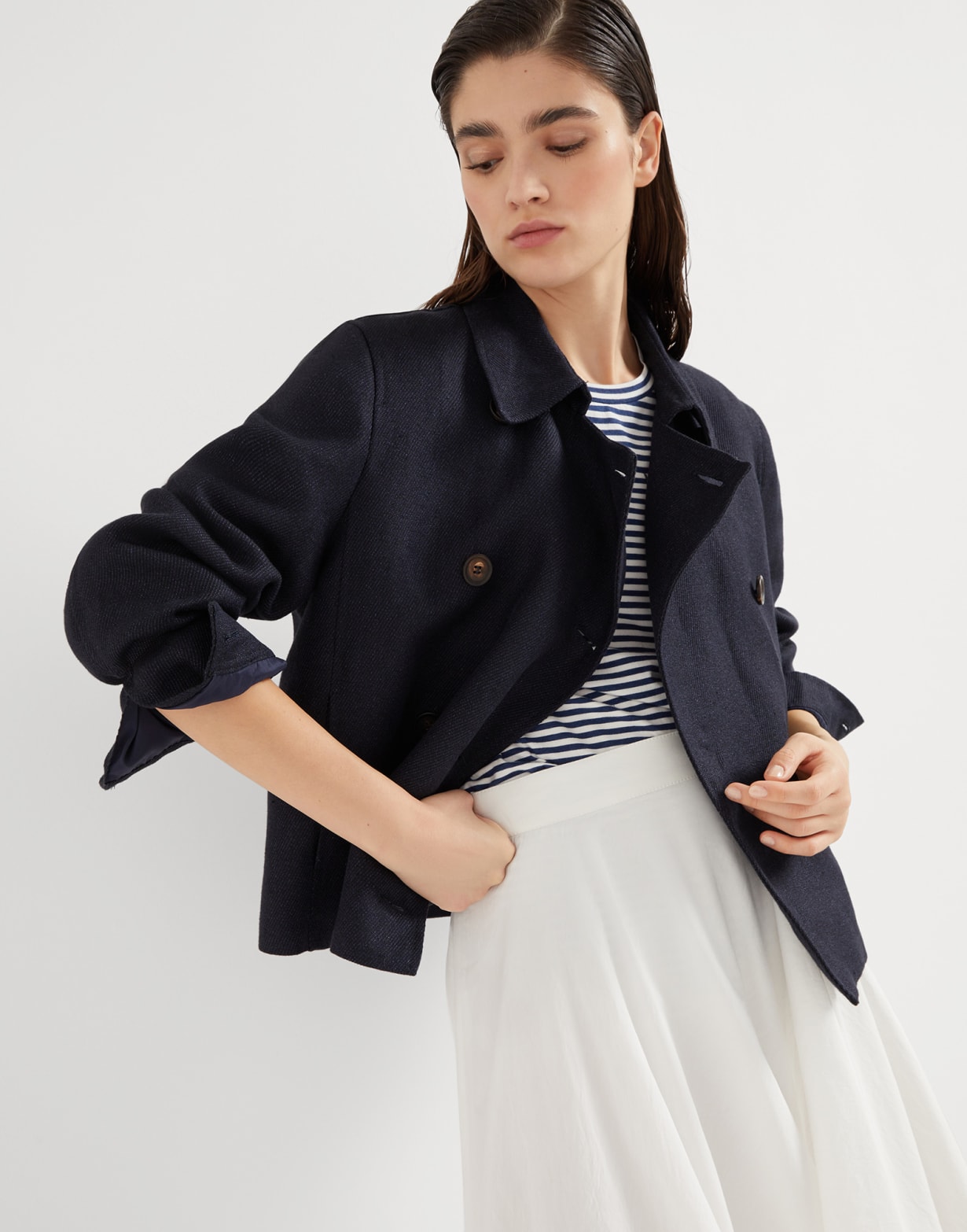 Crop caban jacket with monili Navy Blue Woman - Brunello Cucinelli