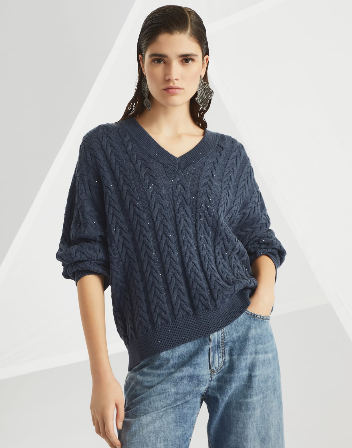 Dazzling Cable sweater Blue Woman - Brunello Cucinelli