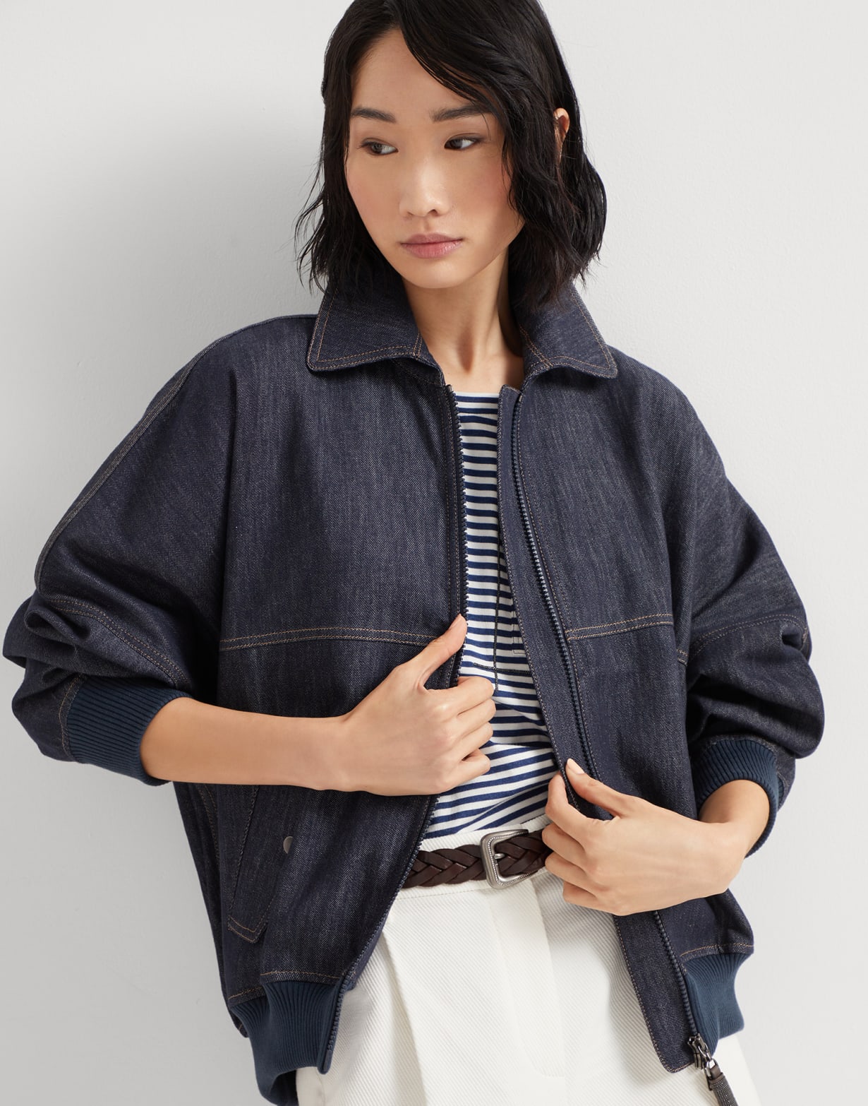 Bomber jacket with monili Dark Denim Woman - Brunello Cucinelli