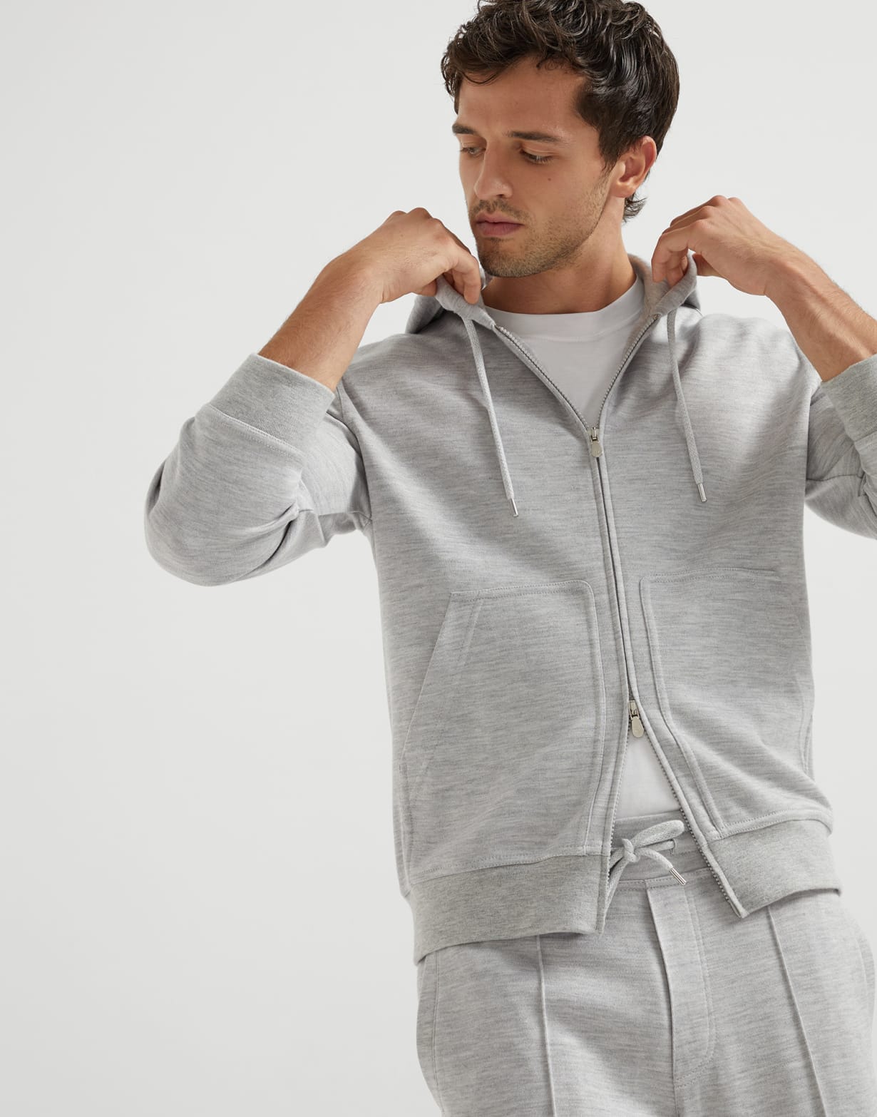 Cashmere and silk French terry sweatshirt Light Grey Man - Brunello Cucinelli
