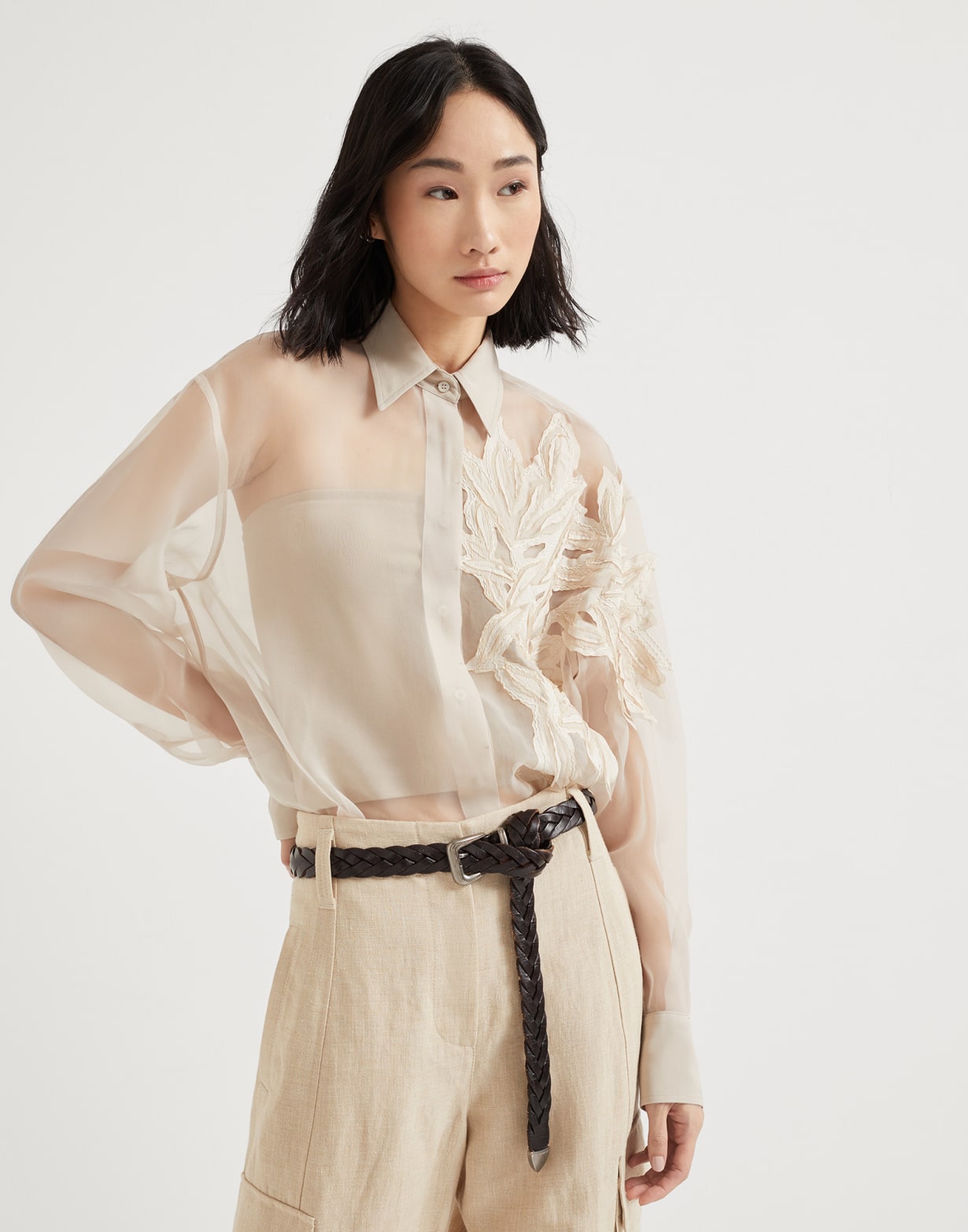 花卉缝饰衬衫 米黄 女款 - Brunello Cucinelli