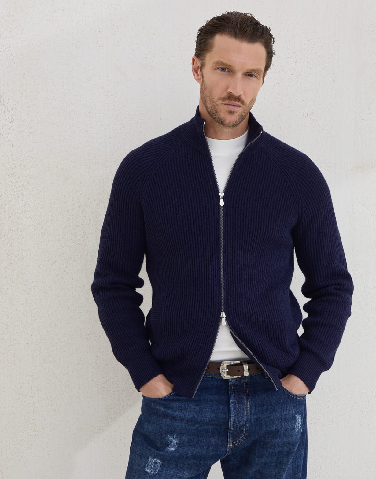 Zip-front cardigan Navy Blue Man - Brunello Cucinelli