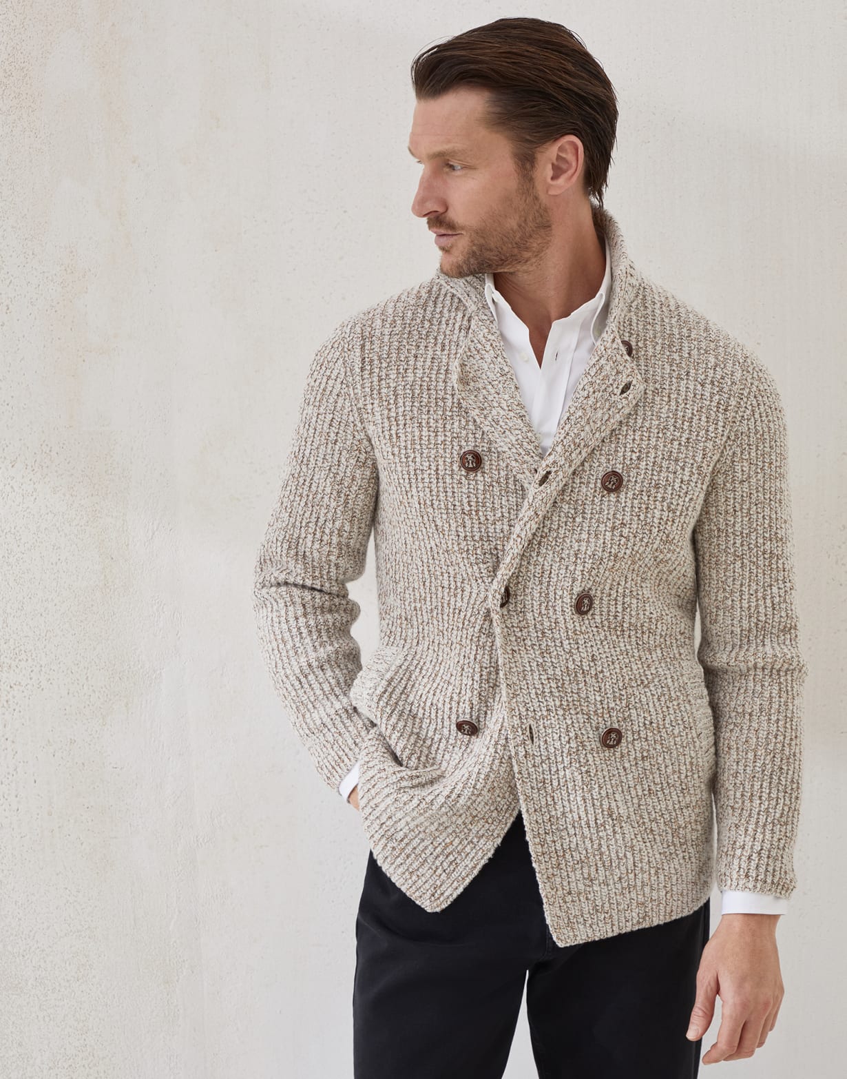 Cardigan with metal buttons Ecru Man - Brunello Cucinelli
