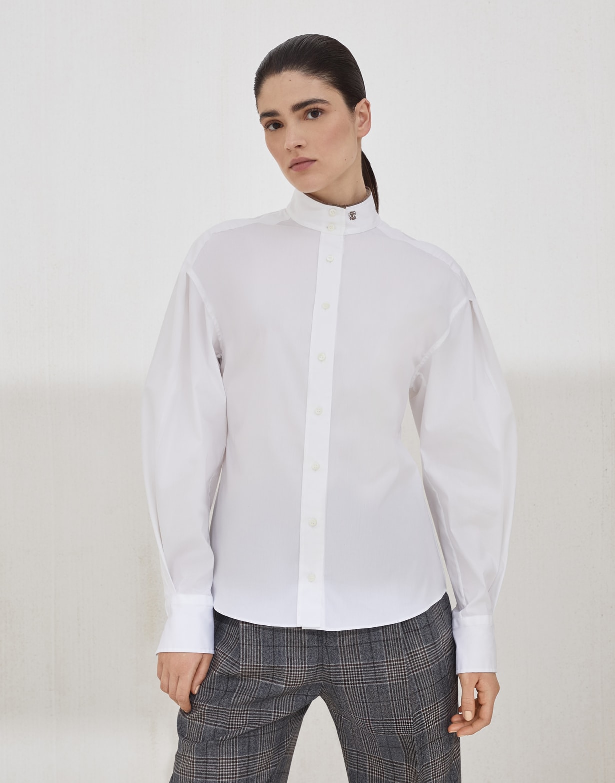 镶珠装饰弹力府绸衬衫 白色 女款 - Brunello Cucinelli