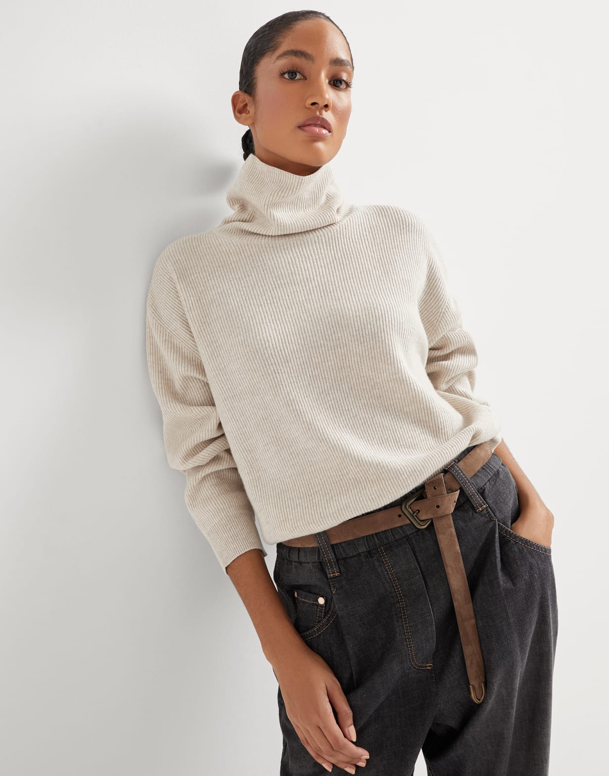 English Rib knit sweater Oyster Woman - Brunello Cucinelli