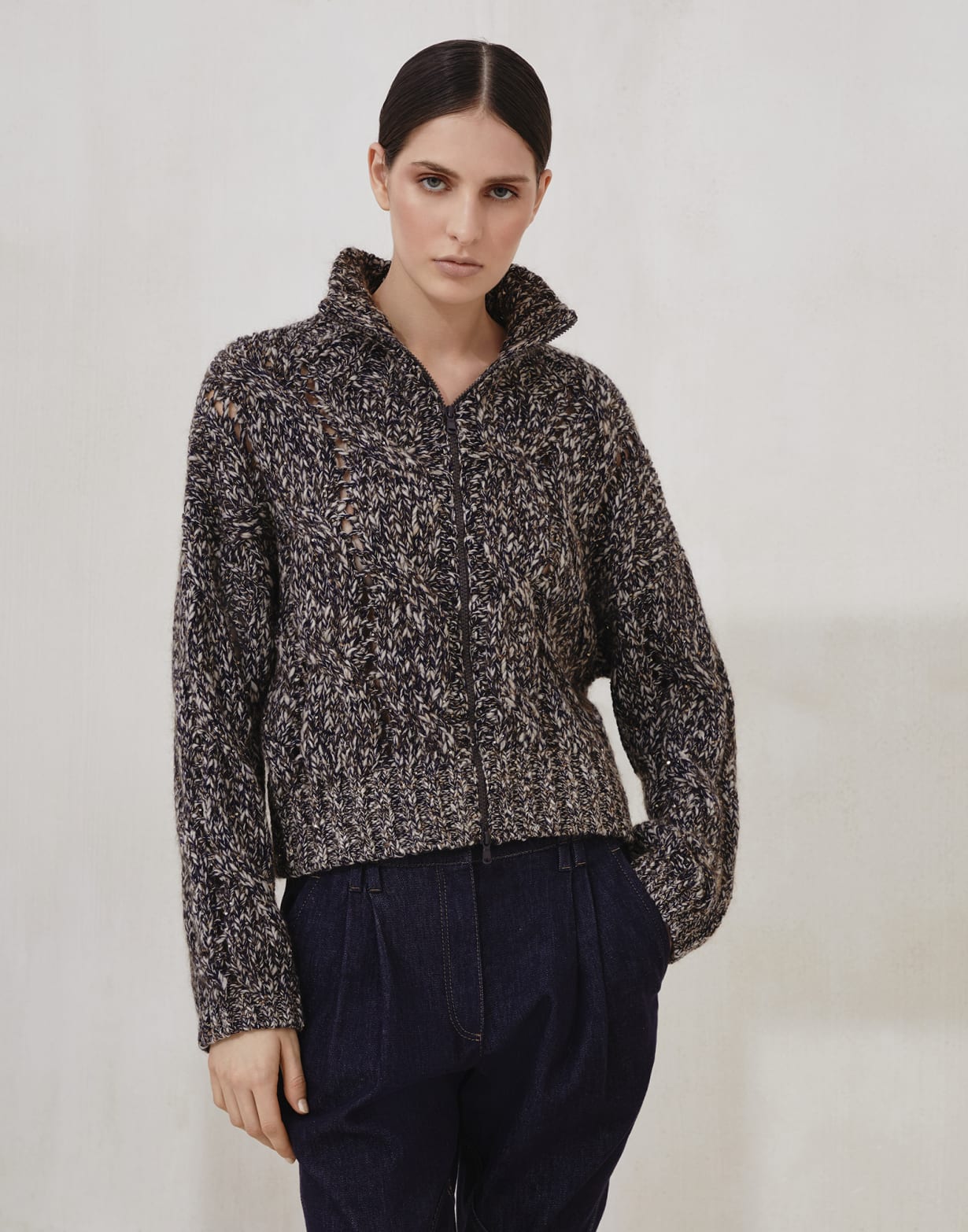 Dazzling chiné cardigan with zipper Blue Woman - Brunello Cucinelli