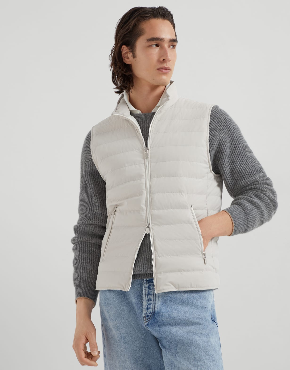 Lightweight down vest Ivory Man - Brunello Cucinelli