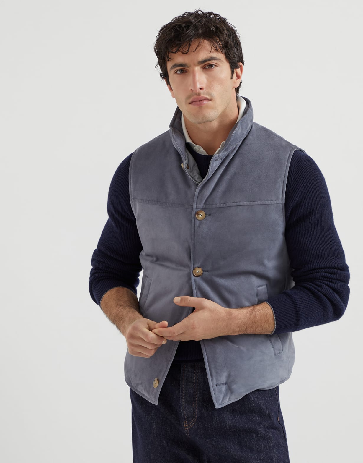 Suede down vest Denim Man - Brunello Cucinelli