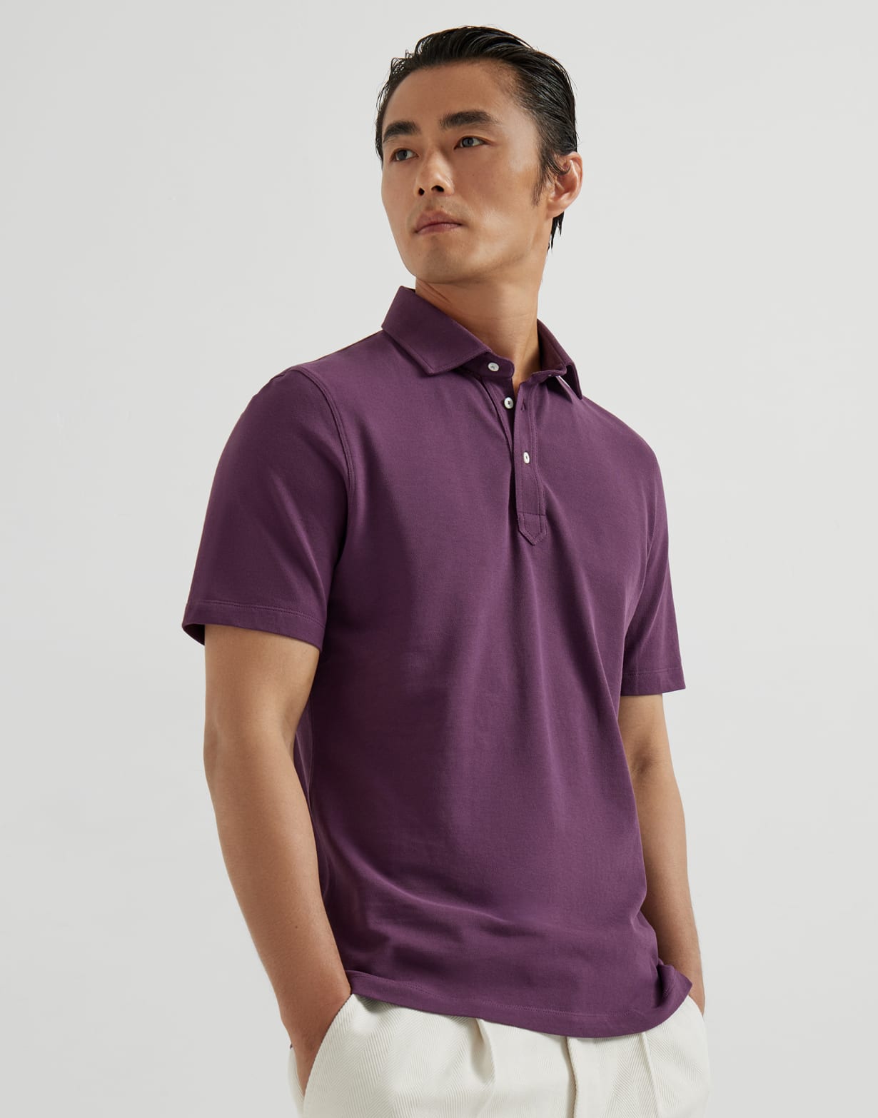 双珠地面料马球衫 深紫红色 男款 - Brunello Cucinelli