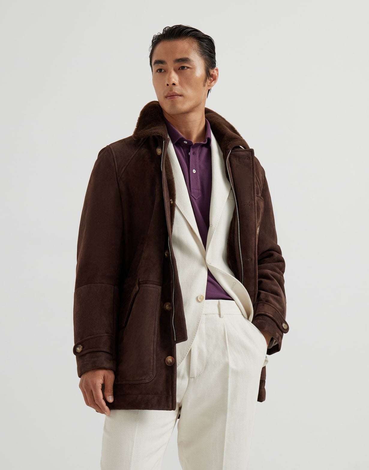 毛羊皮外套大衣 棕色 男款 - Brunello Cucinelli